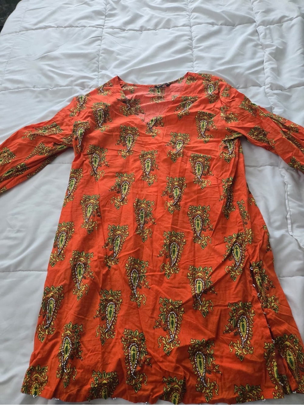 Orange Paisley Long Sleeve Women’s Dress